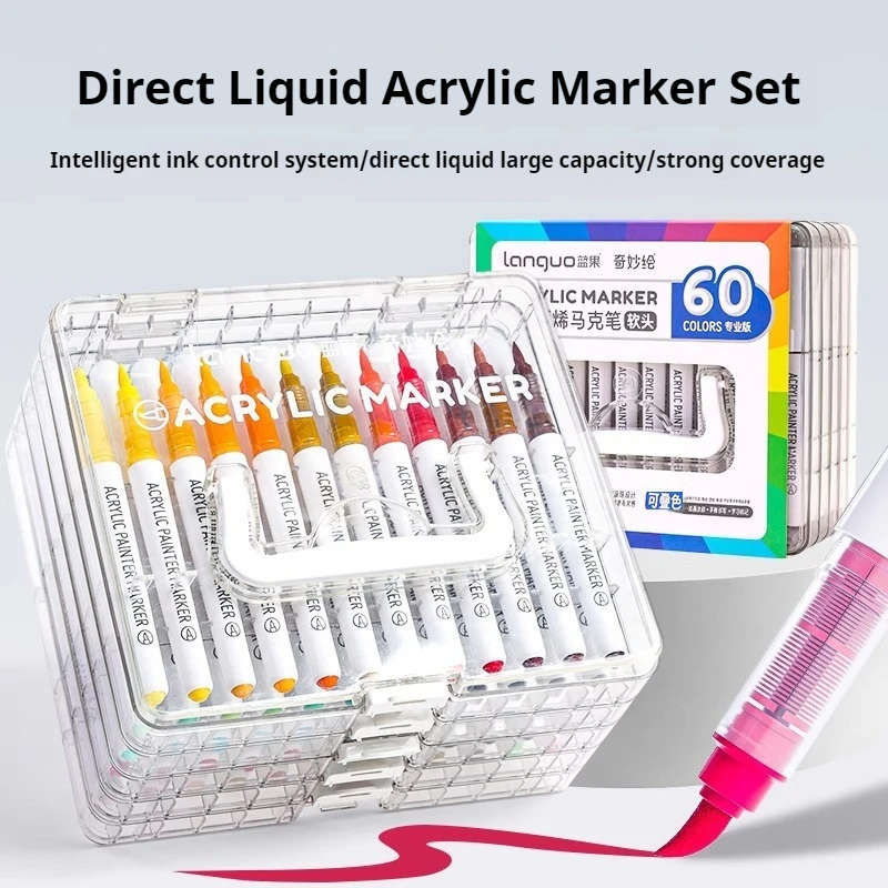 LANGUO 60Colors/box Direct Liquid Acrylic Paint Marker Pens Set Brush Color Marker Pen for DIY Painting Drawing Ceramic Glass