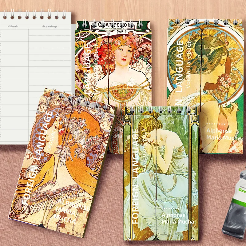 Maria Mucha World Famous Painting Pocket English Word Notebook Learn Foreign Words Memo Notebook Coil Student Portable Notepad