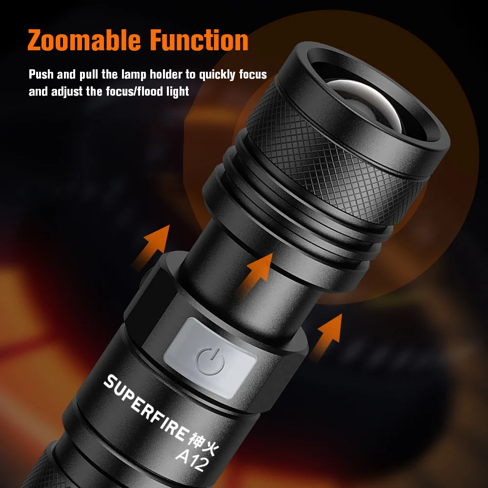 SUPERFIRE A12 Powerful LED Flashlight USB C Rechargeable Zoomable 18650 EDC Torch 5 Mode Light Camping Fishing Lantern