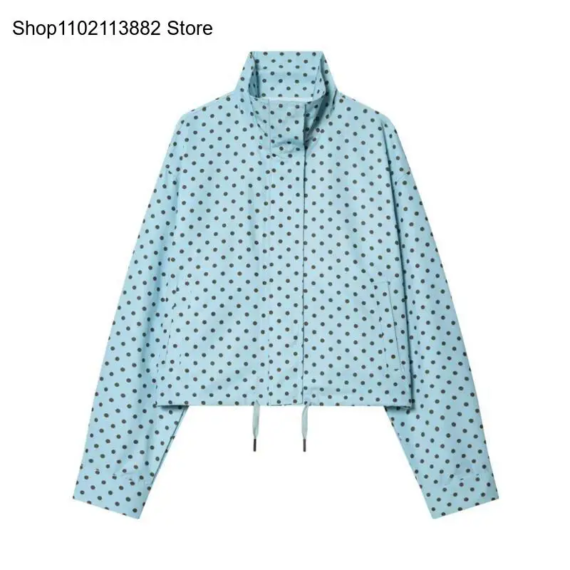 European and American Style Women's Autumn Standing Collar Long Sleeved Jacket Comparison Polka Dot Drawstring Jacket