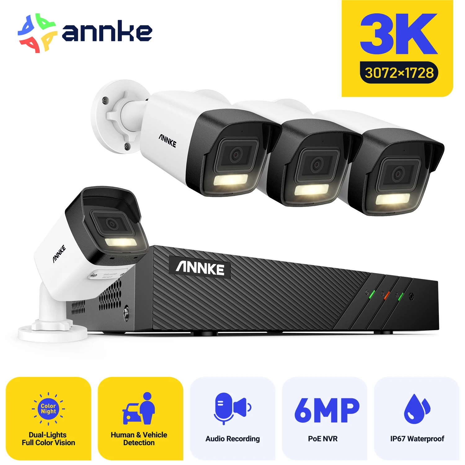 

ANNKE 3K Security Surveillance System,4×5MP POE Camera Color Night Vision Smart Dual Light Home Surveillance Cameras H.265+