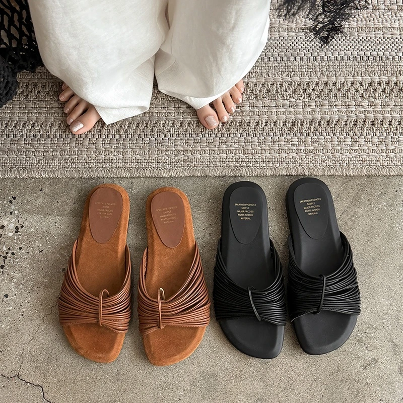 Women's new summer genuine leather sheepskin woven comfortable low heel exposed toe retro fish mouth shoes fashion slippers
