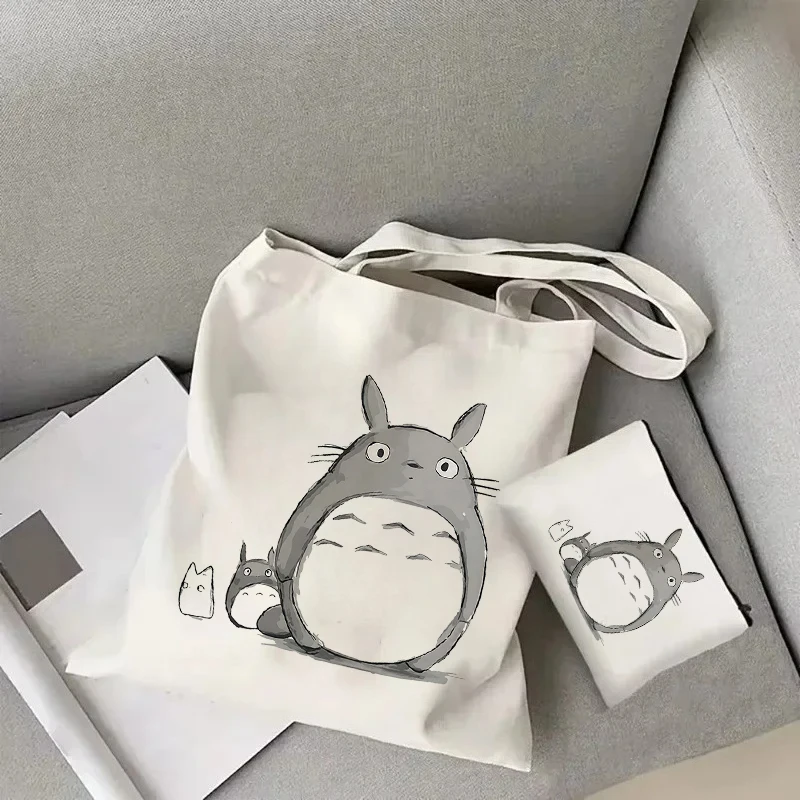 

Anime Totoro Cartoon Fashion Tote Bag Canvas Shoulder Bag Eco-Friendly Large Capacity Casual Portable Shopping Bag Handbag