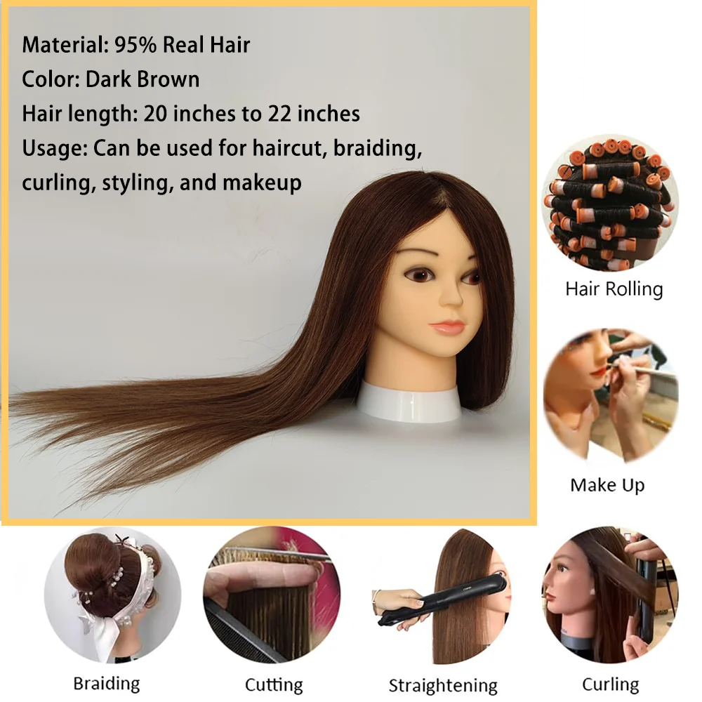 Cabelo longo manequim cabeça para penteados, 95% cabelo humano, cabeça de treinamento para trança, cabeleireiro com braçadeira, suporte de peruca, 22in