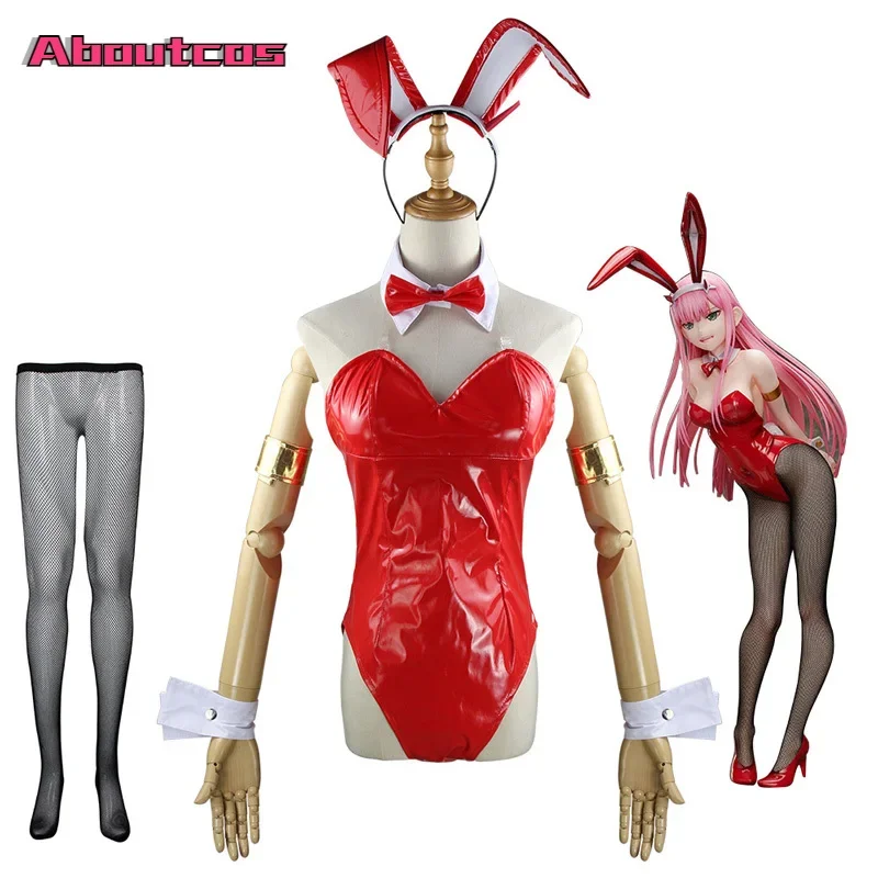 Aboutcos disfraz de Anime DARLING in the FRANXX, Zero Two Bunny Girl, mono Sexy para mujer, traje de cuero rojo 02