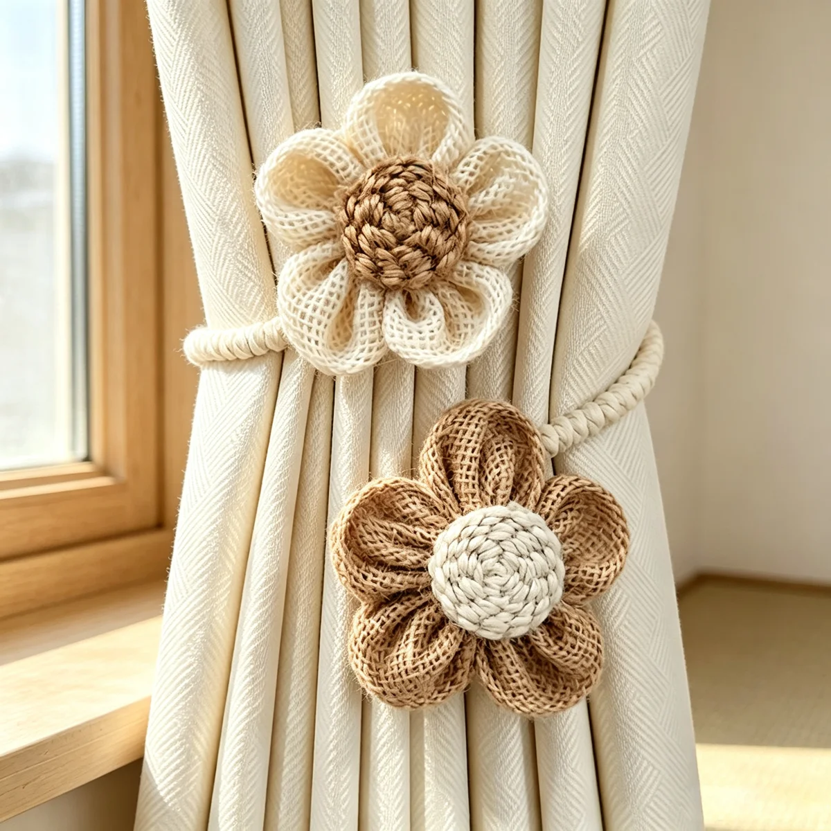 2Pcs Woven Flower Curtain Tiebacks, Jute Cotton Braided Curtain Holdbacks, Rustic Farmhouse Window Curtain Decorative Straps