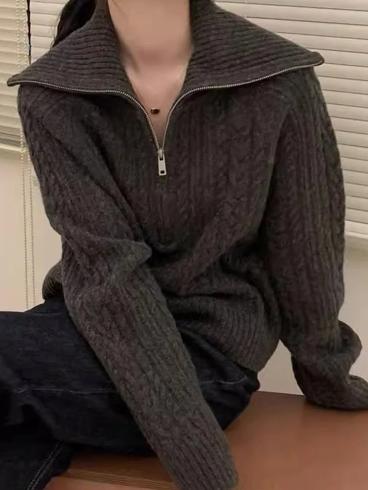 Pull en laine tricoté rétro paresseux automne hiver nouveau Gentle f Zip Long Sve Top Ele Faionable femmes Camere...