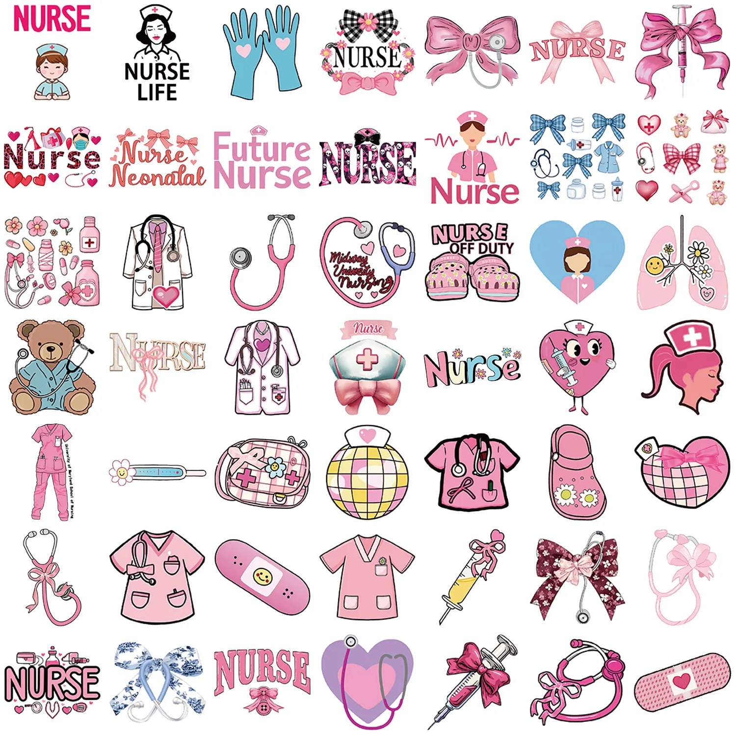 50 PCS Pink Bow Nurse's Day Graffiti Stickers Guitar Notebook Stationary Box Luggage DIY Waterproof Decoration Stickers