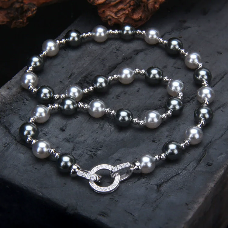 Collana di perle grigie in argento sterling S925 per la moda femminile Bracciale con perline rotonde eleganti e lussuose