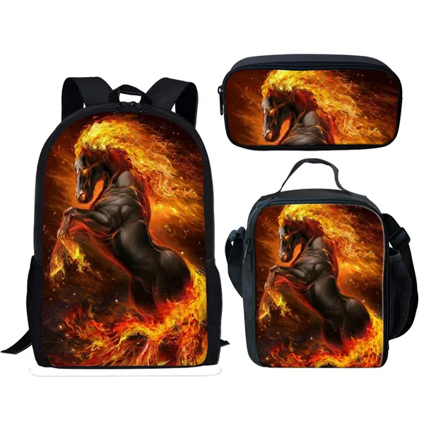Harajuku Youthful Novelty Fire Crazy Horse 3D Print 3pcs/Set Student Travel bags Laptop Daypack Backpack Lunch Bag Pencil Case