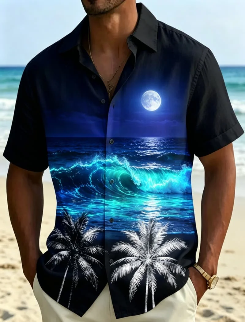 Men's Fashionable Sunset Printed Casual Shirt, Suitable for Beach Vacations, Summer Travel, and Daily Wear