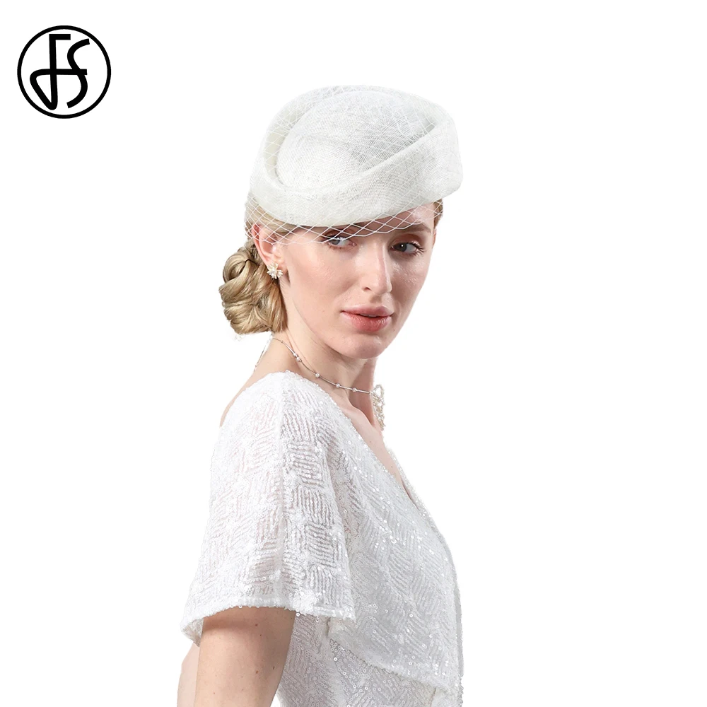 

FS 2024 Elegant Sinamay Beret Beige Hats Fascinators For Women With Veil Wedding Formal Dress Cap Mesh Cocktail Party Millinery