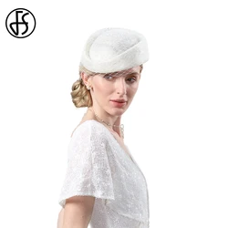 FS 2024 Elegant Sinamay Beret Beige Hats Fascinators For Women With Veil Wedding Formal Dress Cap Mesh Cocktail Party Millinery