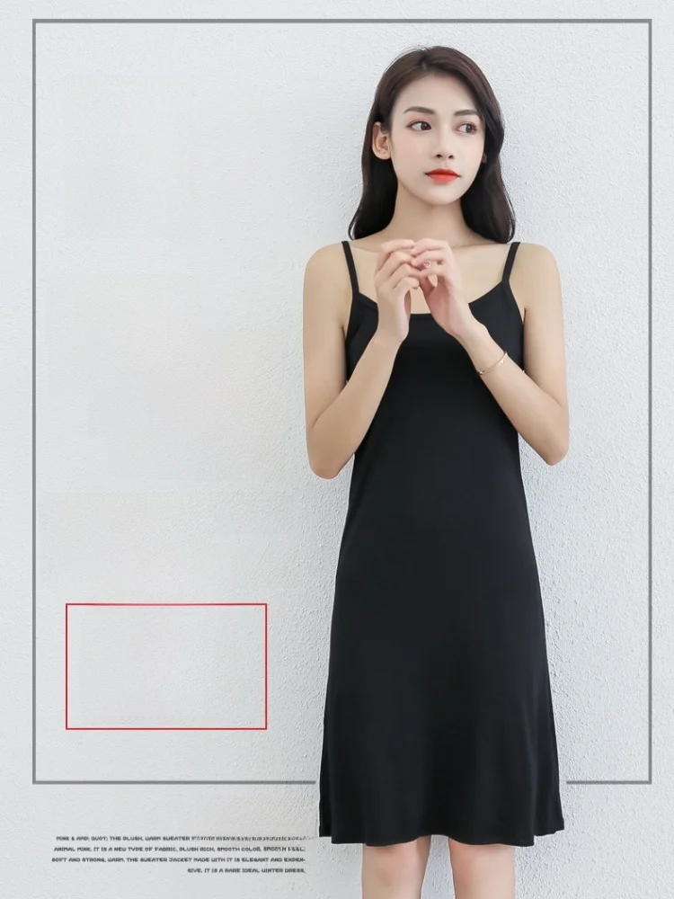 Modal Long A-Line Dress Women Summer Casual Style Sleeveless Vest Underdress plus Size Loose Midi Skirt Black Color