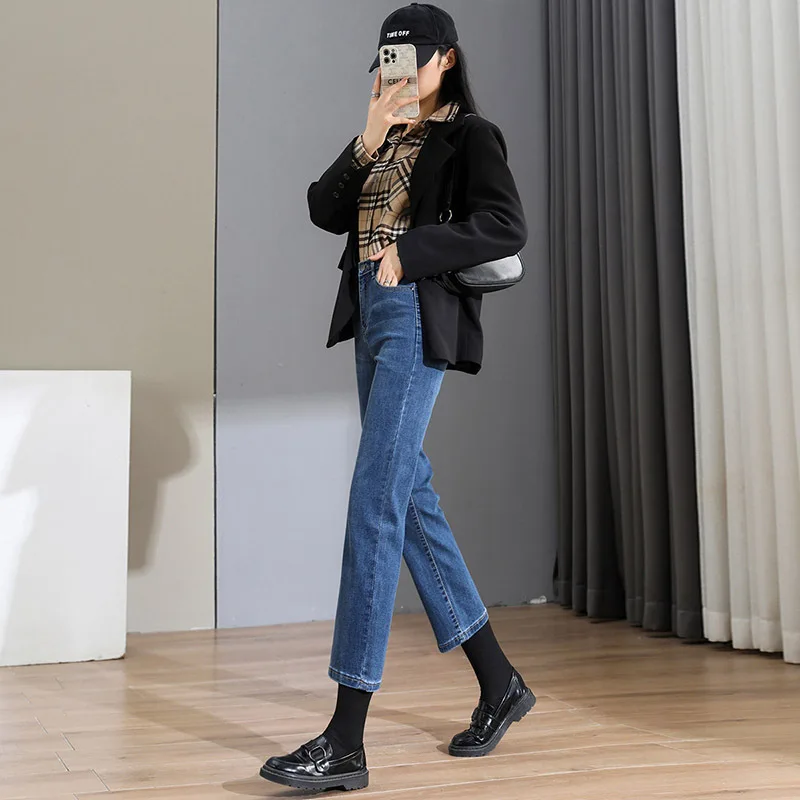 

Deep blue women jeans high waist good stretch denim pants female straight leg ankle length boyfriend fashion trousers student