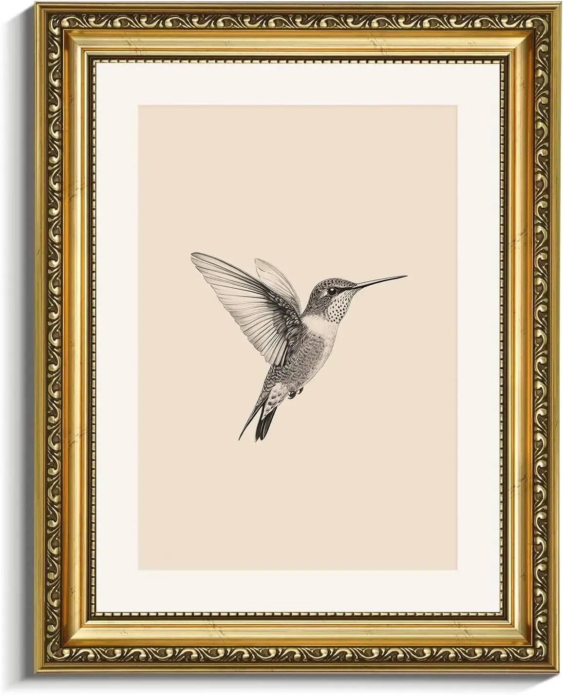 Ornate Vintage Gold Framed Canvas Wall Art, Minimalist Sketch Hummingbird Print, Neutral Beige Boho Bedroom Living Room Decor