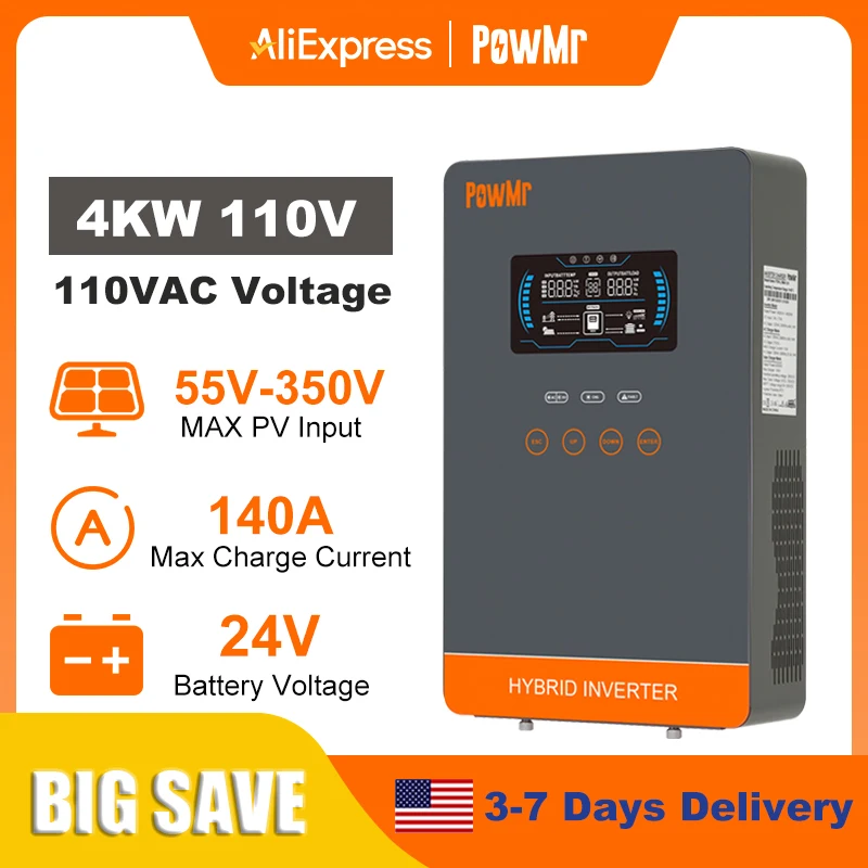 PowMr 4000W Hybrid Solar Inverter 24V to 110V Off Grid Inverter Work without Battery with MPPT 140A Solar Battery Charger