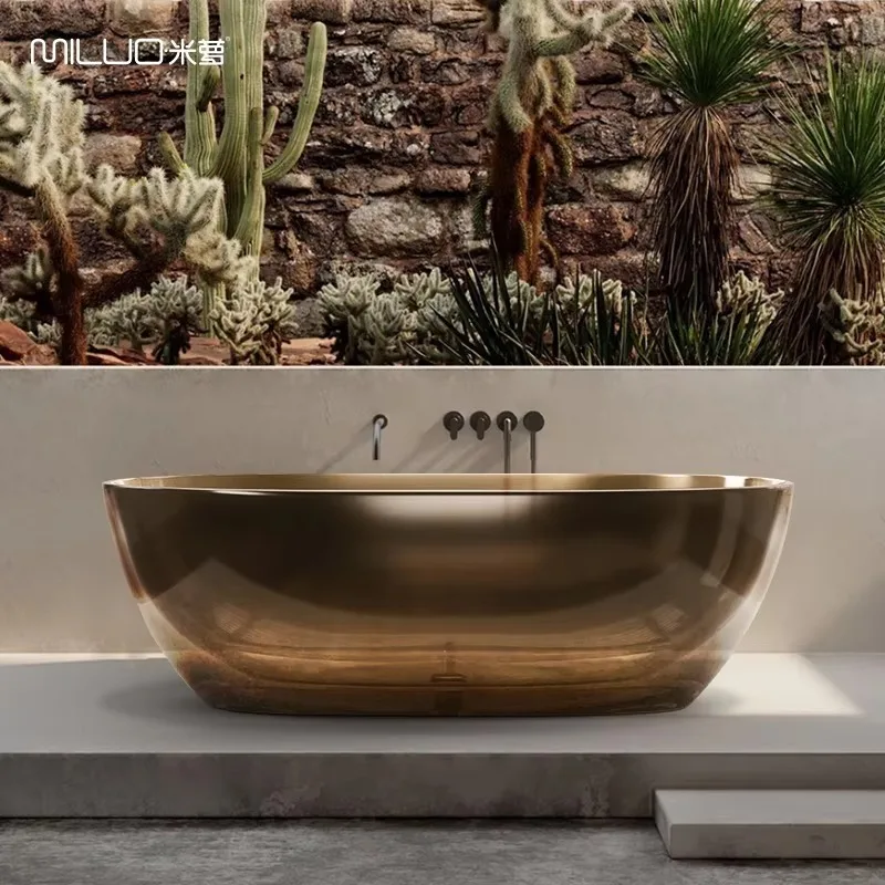 

Modern Freestanding Clear Resin Bath Tub Colored Transparent Acrylic Bathtub Soaking For Hotels Villas With Drainer Accessory
