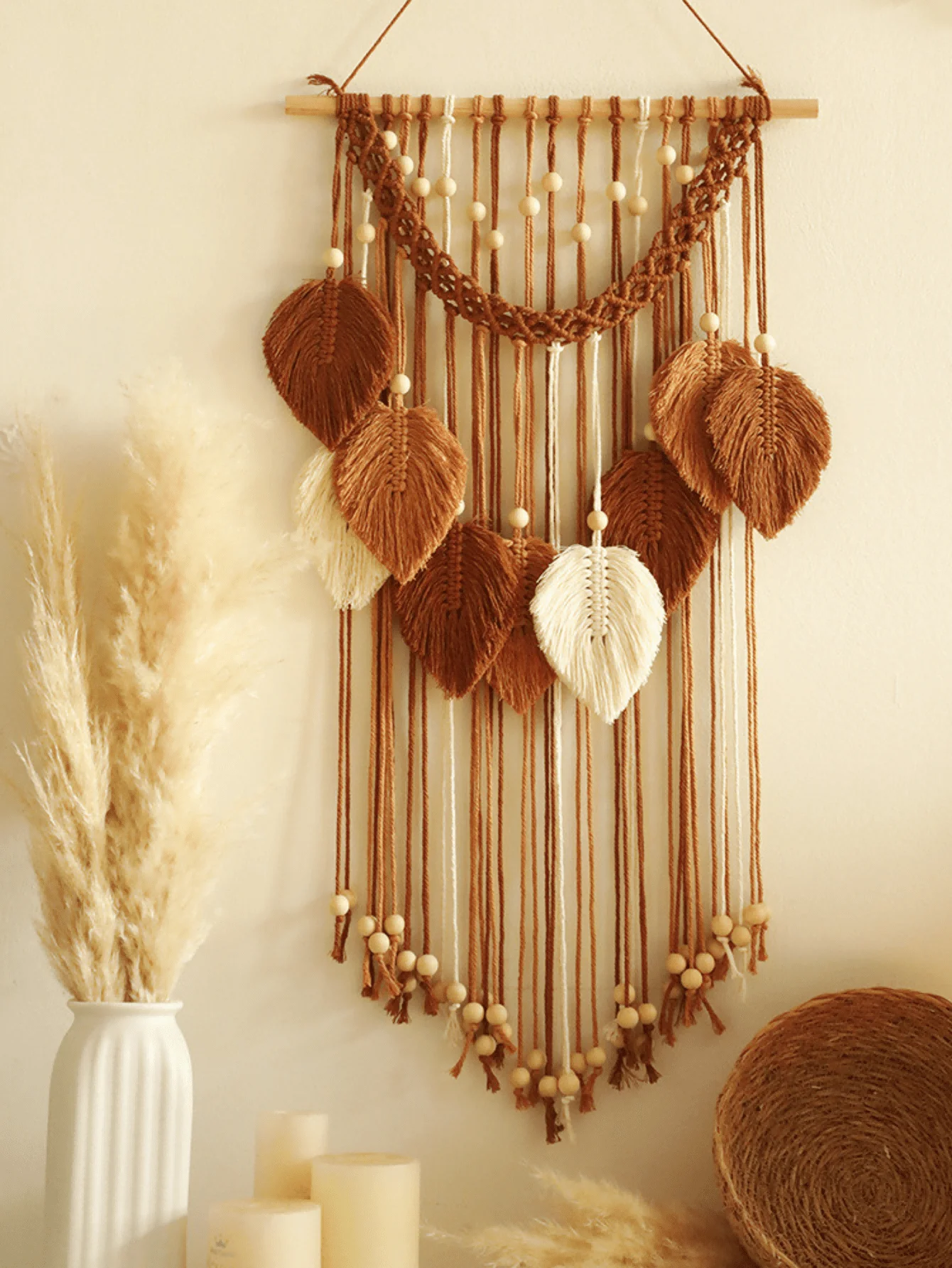 Trendy Boho Macrame Wall Hanging Organic Cotton Leaf Pattern Tapestry with Wood Beads Yoga Studio Decor Eco Friendly Home Accent
