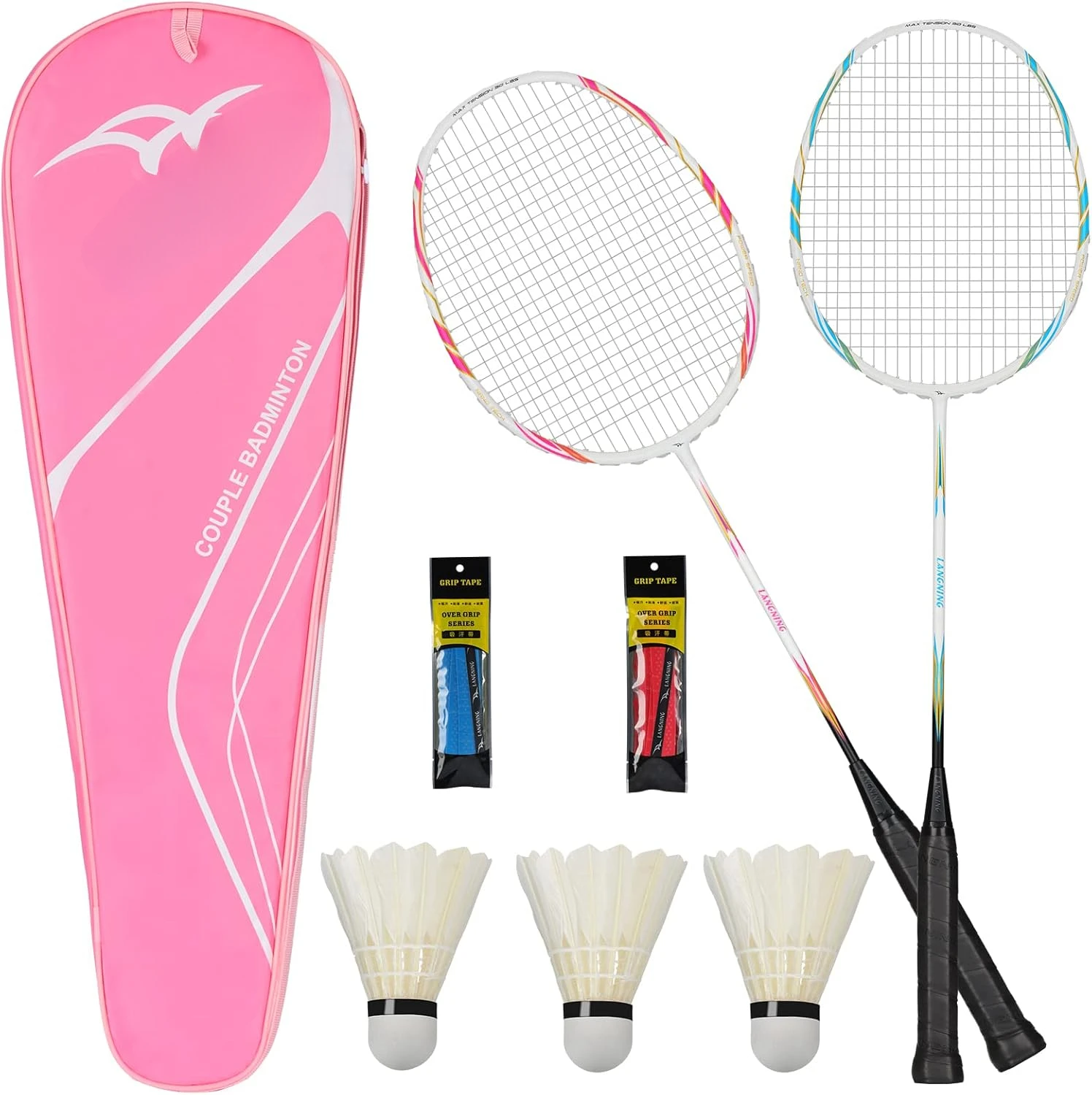 2-Player Badminton Racket Set,  Easy to Play and Flexible, Including 3 Badminton, 2 Sweat-Absorbing Belts, 1 Racket Bag.