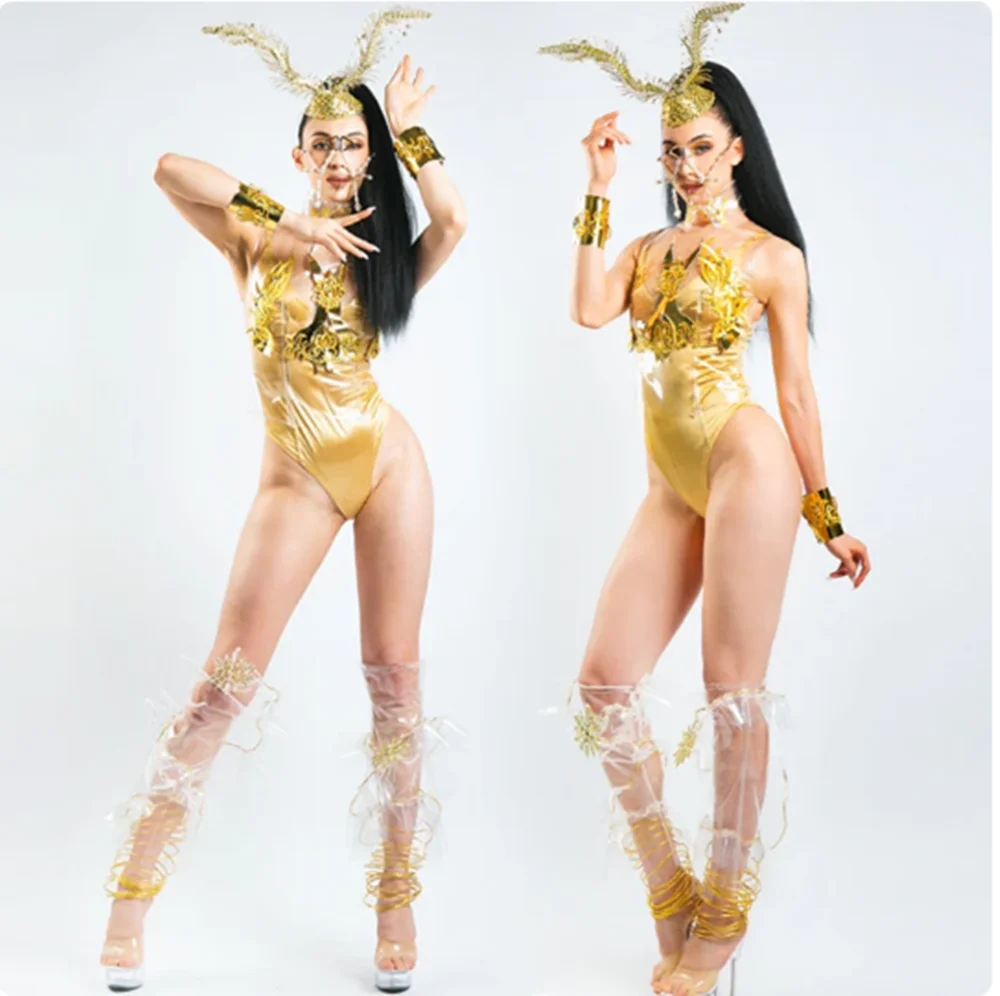 Golden Bodysuit Gogo Dancewear Rave Festival Clothing Pole Dance Outfit Tentacle Headgear Punk Dancer Stage Costume