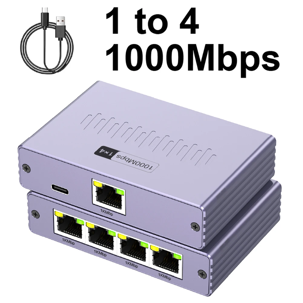 

Сетевой разветвитель 1-в-4 Gigabit с поддержкой 1000 Мбит/с, алюминиевый корпус, индикаторы и питание через USB-C для ноутбуков, настольных ПК и домашнего использования, фиолетовый