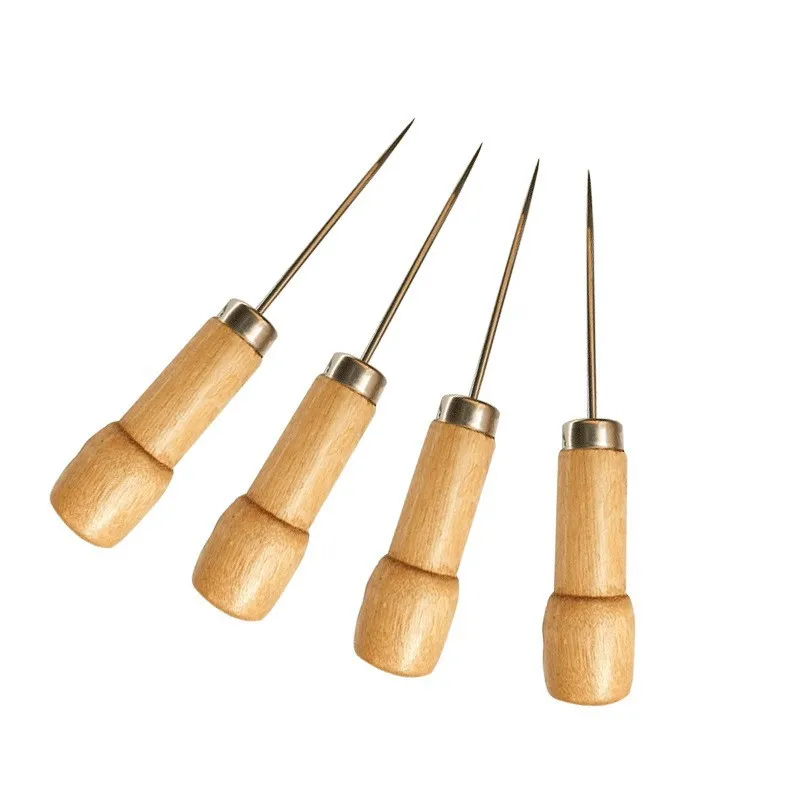 2Pcs 2.5mm Leather Craft Sewing Kit Handle Diamond Point Circular Awl DIY Tool Wooden Handle Punching Leather Tool