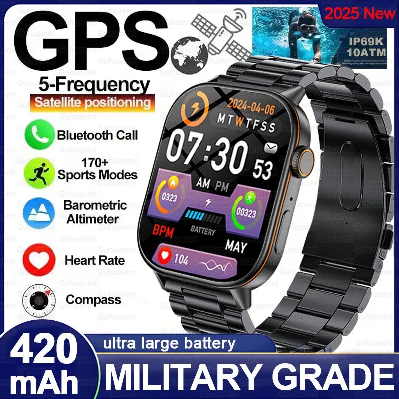 2025 high-end posição gps esportes relógio inteligente 2.01 polegadas grau militar bússola pressão de ar 10atm profundo à prova dwaterproof água smartwatch masculino