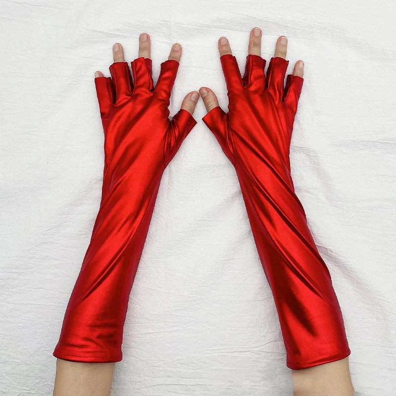 Women Solid Elasticity Halloween Cosplay Pu Patent Leather Half Finger Gloves Fashion Personality Stage Performance Sexy