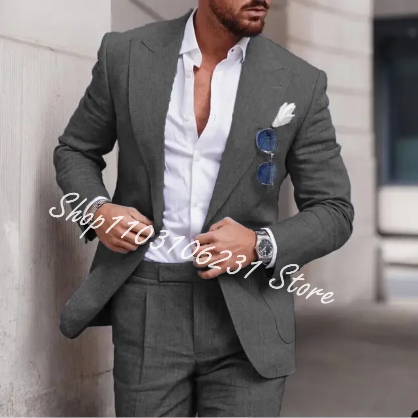 Beige Men's Linen Suits Wedding Slim Fit Blazer 2-piece Groom Tuxedos Best Men's Prom Party Suits Jacket Pants Trajes De Hombre