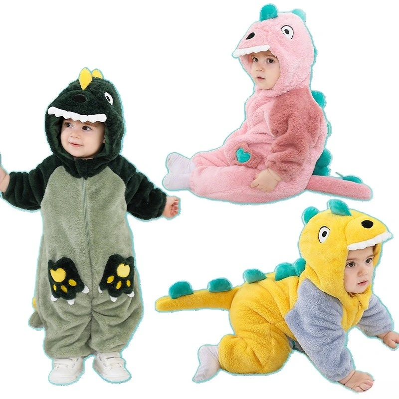 Fall Winter Dinosaur Costume Baby Clothes Romper Hooded Flannel Pajamas Halloween Infant Bodysuit Cute Boy Girl Toddler Outfits