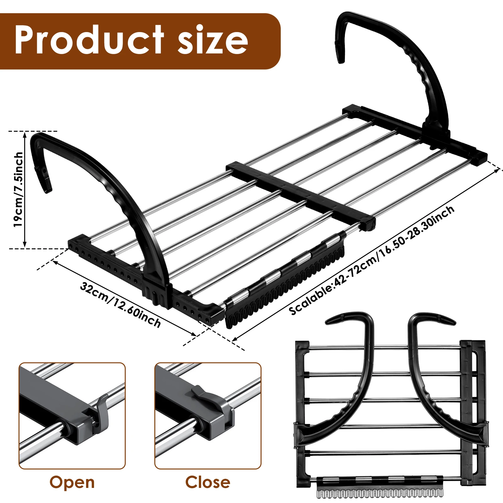 New Foldable Radiator Drying Rack Extendable Clothes Drying Hanger Stainless Steel 42-72cm Shoes Towels Drying Rack for Balcony