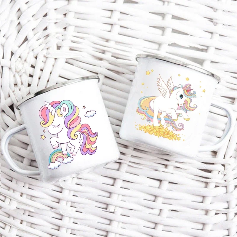 Cartoon Unicorn Printed Creative Mug Water Juice Drinks Milk Cup Enamel Mugs Handle Drinkware Kids Birthday Children\'s Day Gift