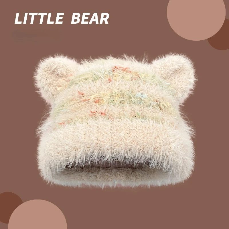 لطيف الدب الصغير الأذن مخطط مختلط اللون بلوفر مغزول القبعات للنساء الخريف والشتاء سميكة الدافئة Skullies Beanies