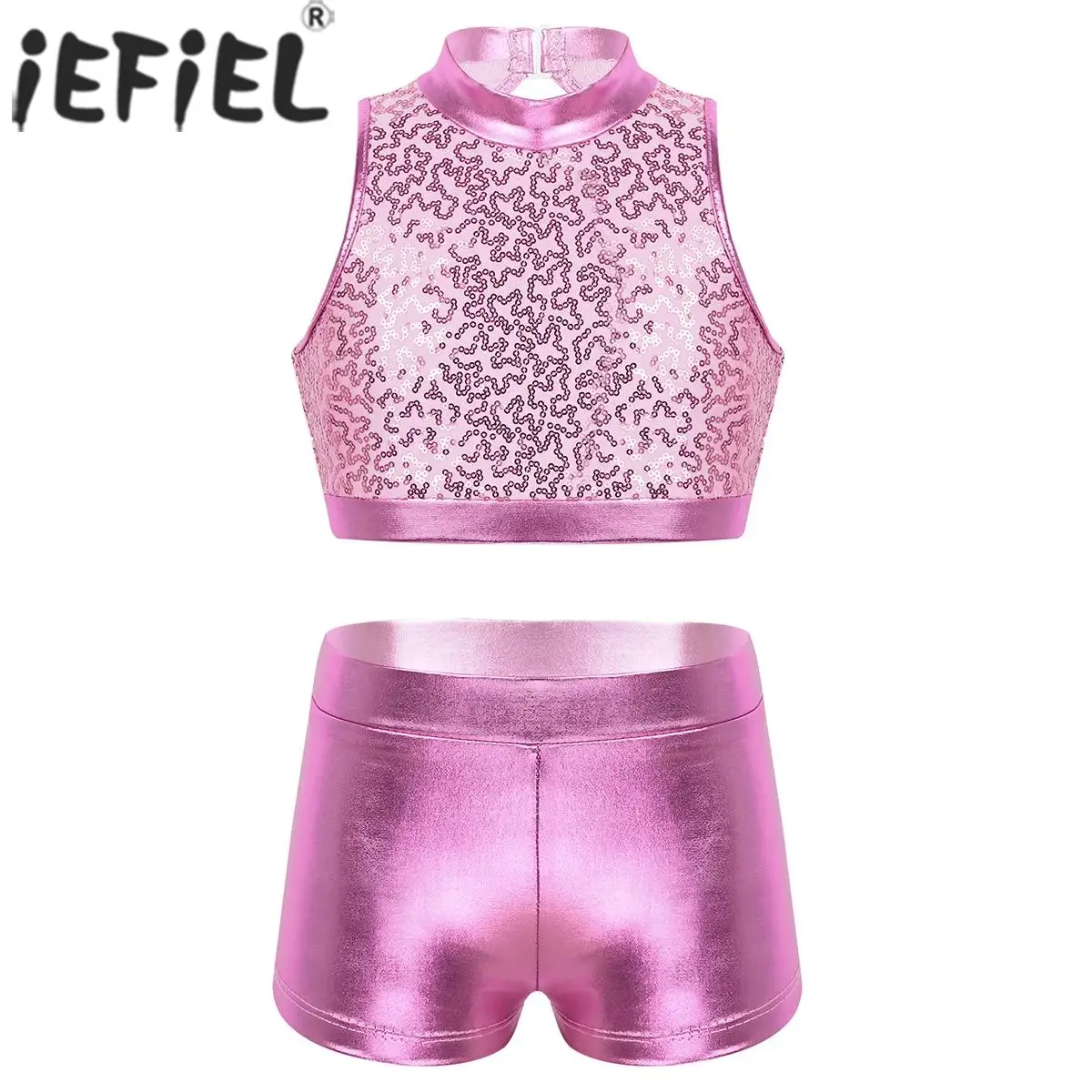 Bambini ragazze balletto danza ginnastica Costume lucido paillettes ritaglio indietro Crop Top con pantaloncini Bottoms Jazz Tap Hip Hop Dancewear