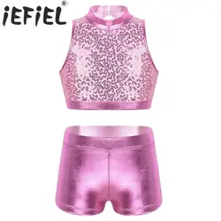 Kids Girls Ballet Dance Gymnastics Costume Shiny Sequins Cutout Back Crop Top with Shorts Bottoms Jazz Tap Hip Hop Dancewear