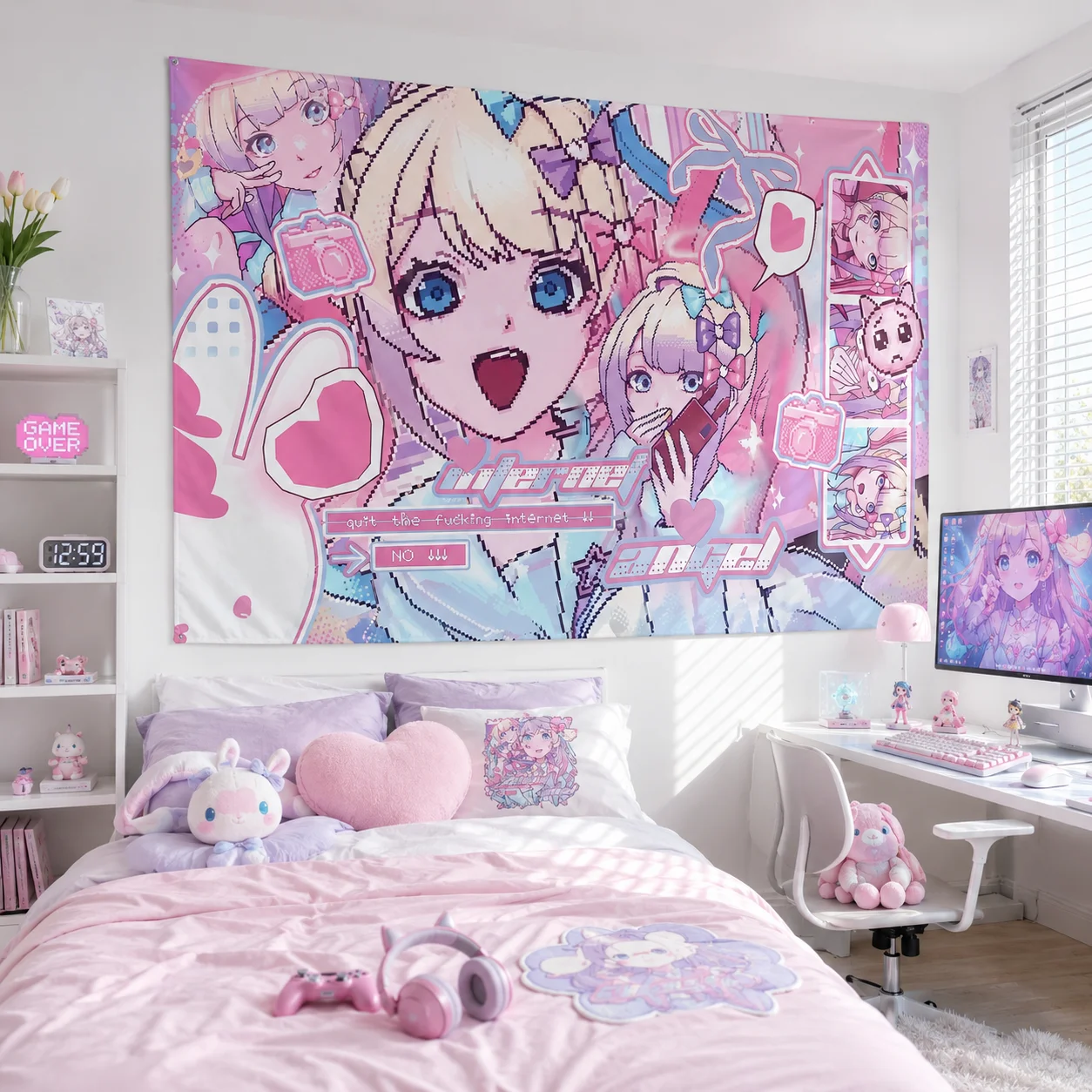 1pc k-KAngel Pixel Tapestry, Pastel Y2K Internet Angel Wall Hanging, Cute Aesthetic Decor for room decoration items