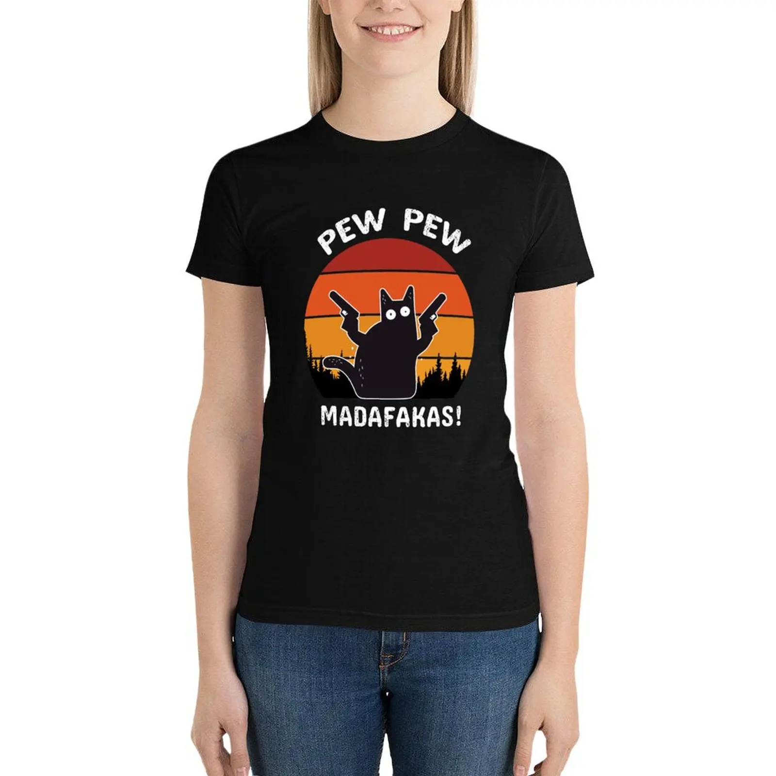 

Vintage Retro Black Cat Pew Pew Madafakas! funny cat pew madafakas! T-Shirt summer top western t shirts for Women