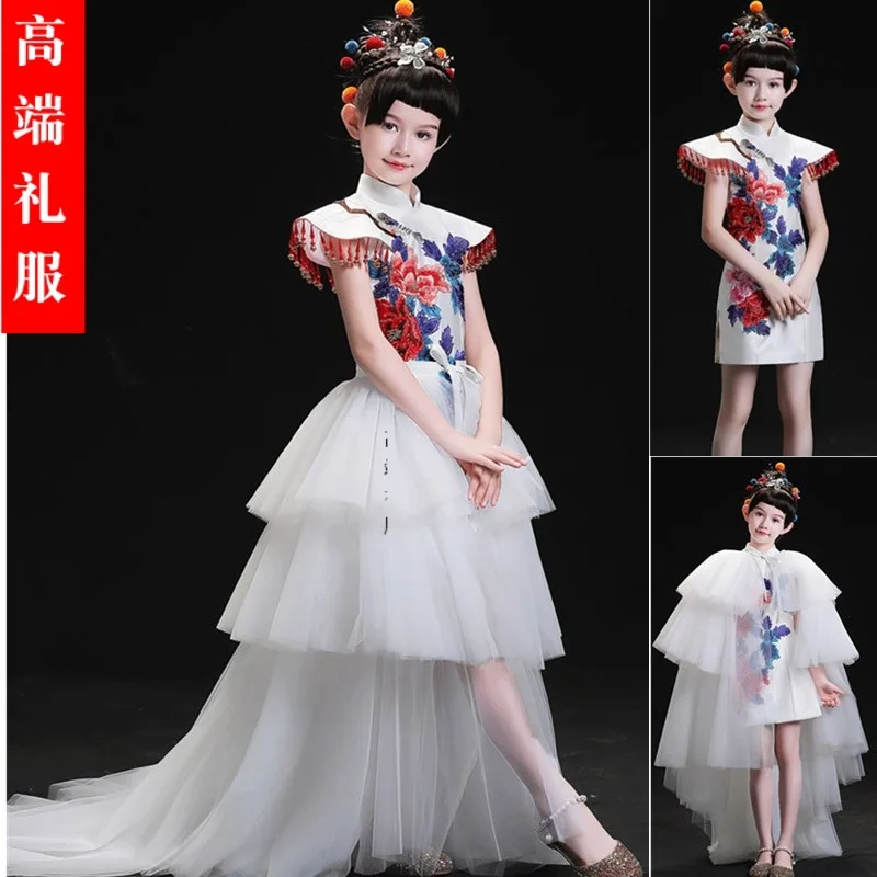 Girls' Dress with Train, Chinese Style, Children's Fashion Show Costume, Long Cheongsam Dress, National Trend Host Performance O