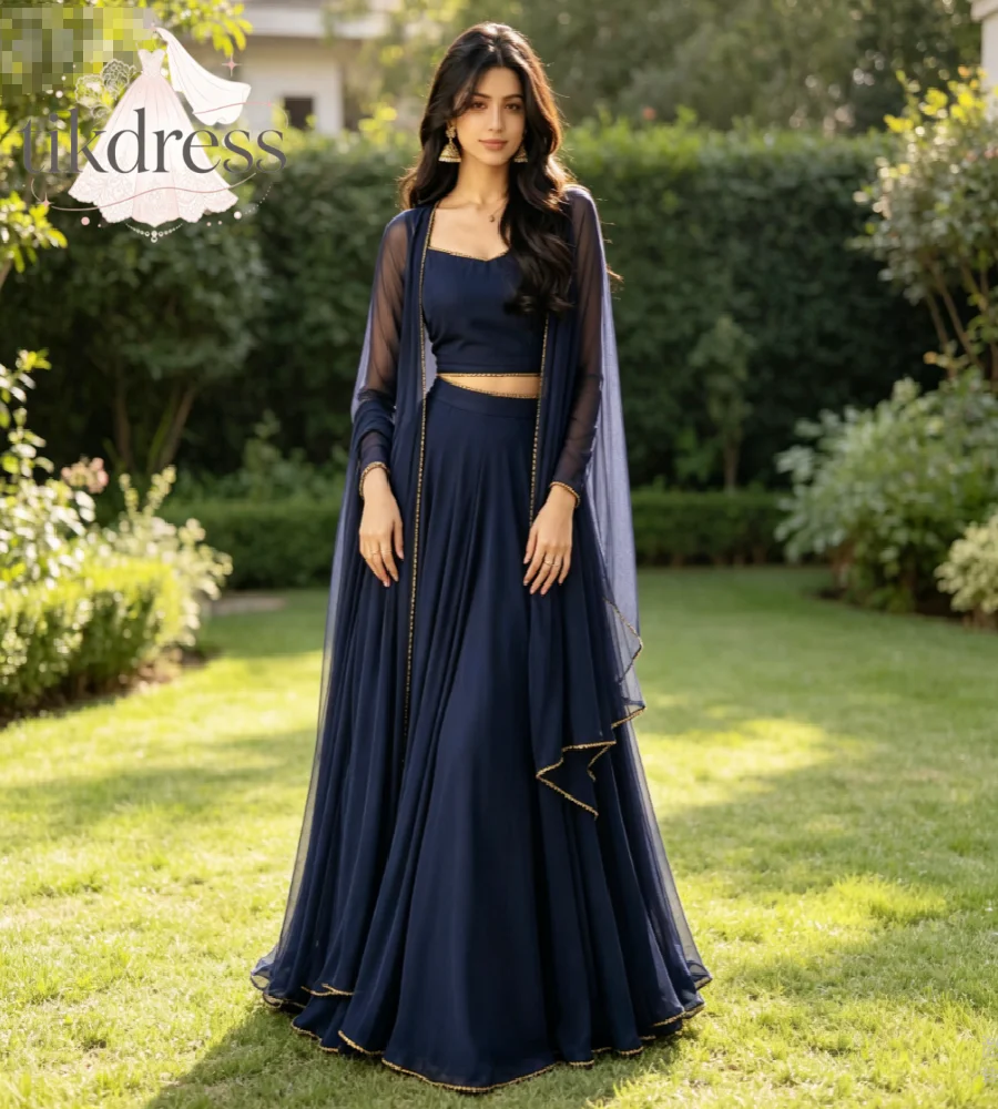 Navy Blue Indian Lehenga Choli Prom Dress Dupatta Bollywood Crop Top Flared Georgette Evening Gowns Long Sleeve Dubai Formal