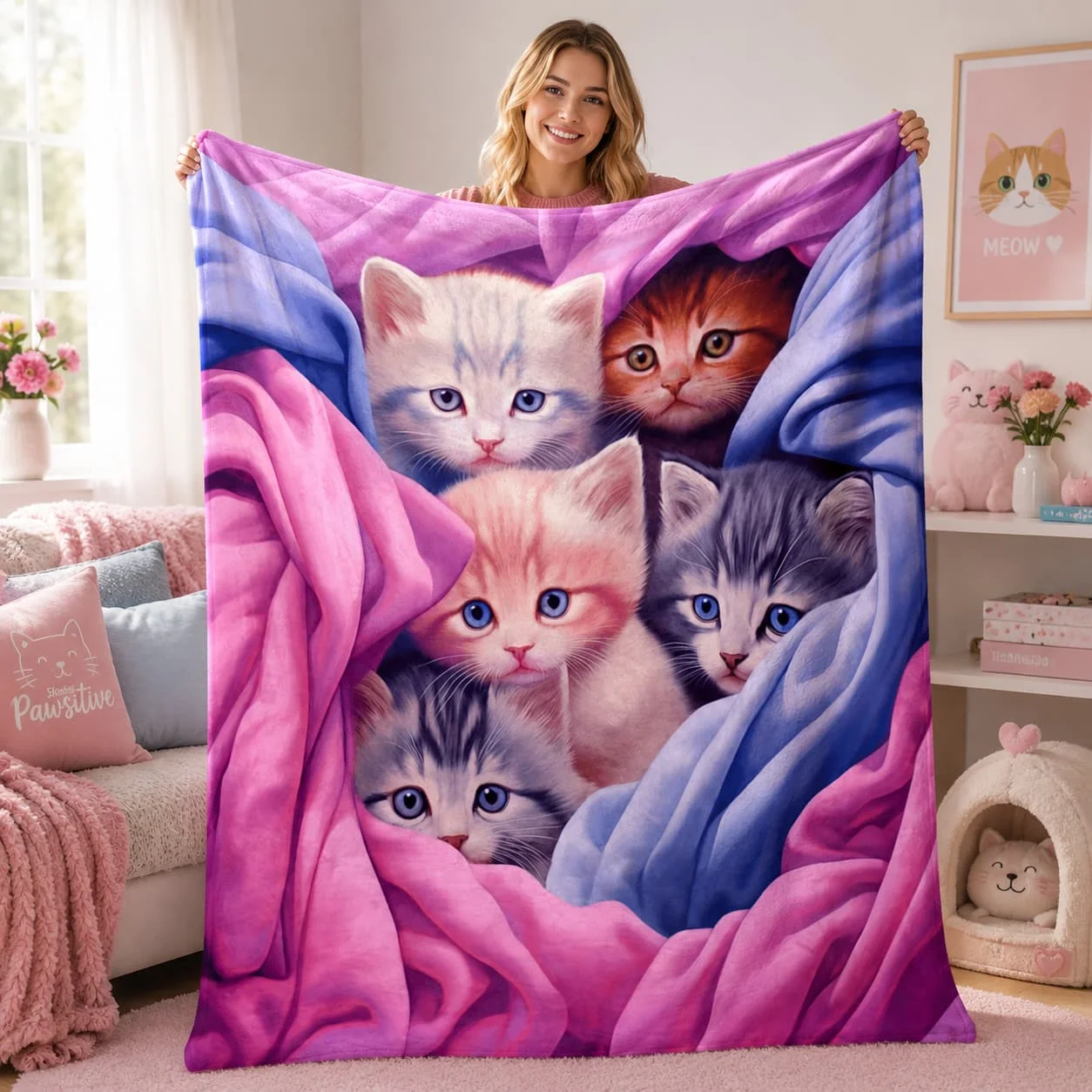 1pc Cozy Cute Kitten Blue and Pink Background Blanket - Lightweight Flannel Throw for Sofa, Office, Couch, Travel, Camping, Bed, Living Room, and Bed - Digital Printing Fleece Blanket with Soft and Warm Flannel Fabric, Gifts for Family or Friends