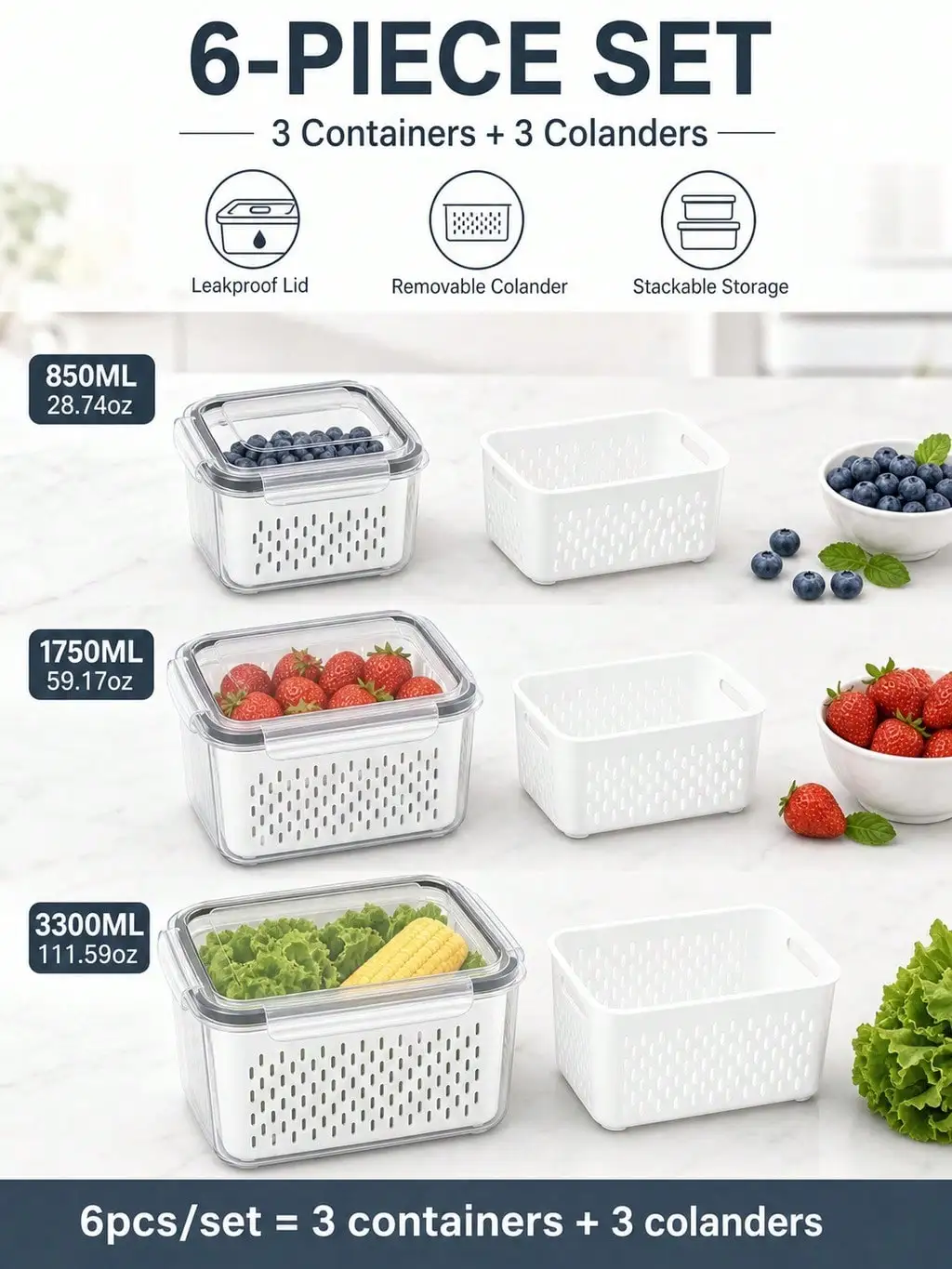 6pcs Fridge Produce Containers with Drain Baskets for Fresh Fruit for Fridge Produce Storage