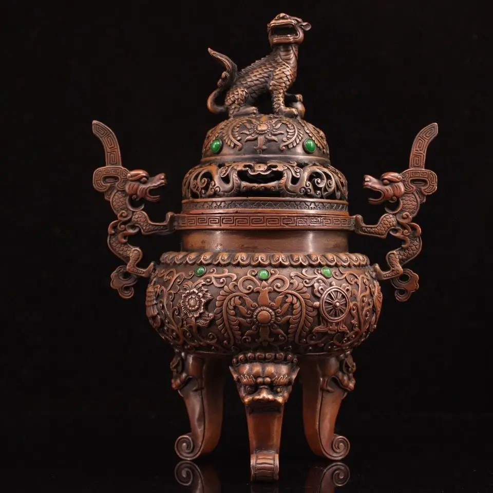 Collection of pure copper, handmade inlaid with gemstones, one incense burner weighs 2348 grams, is 2 cm high and 22 cm wide
