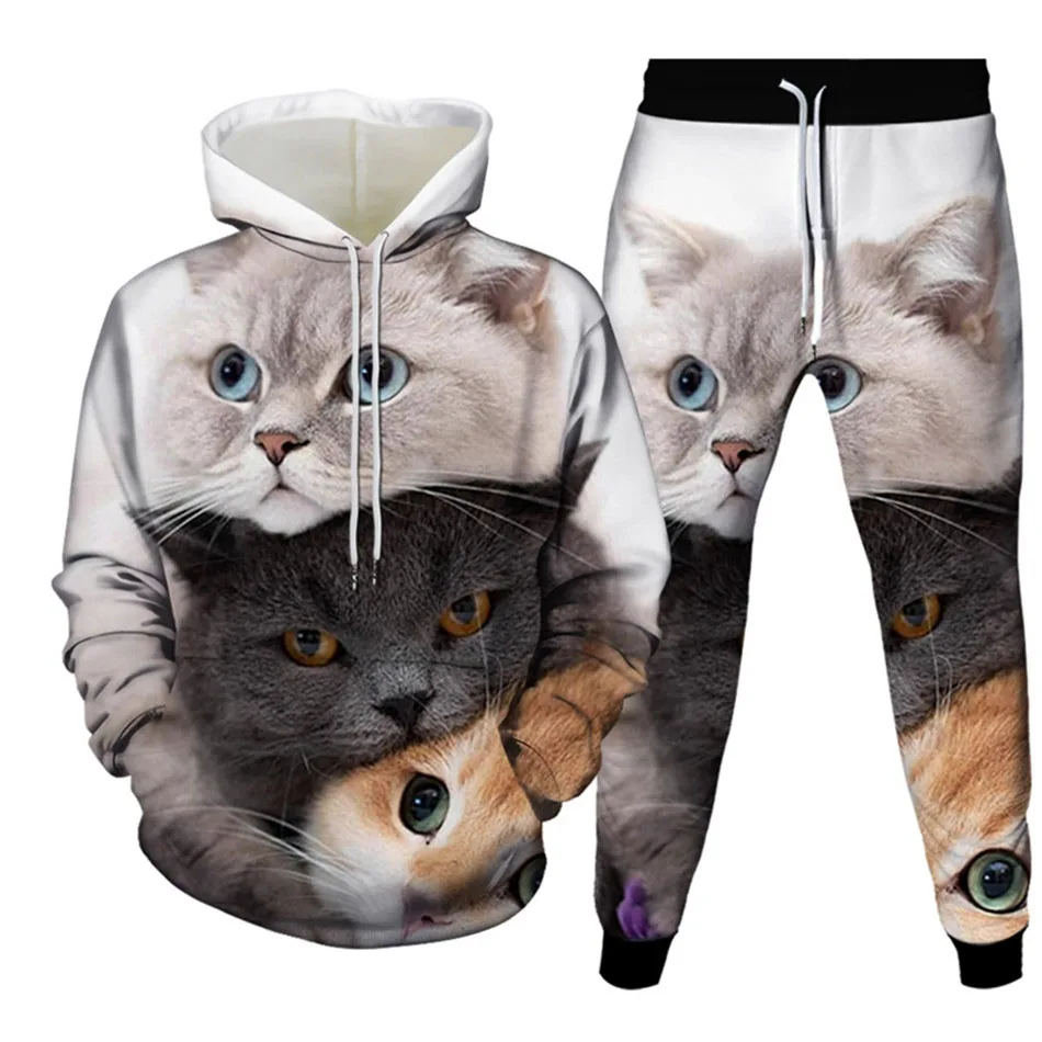 الخريف مضحك الحيوان القط ثلاثية الأبعاد مطبوعة هوديي البدلة الرجال بلوزات Sweatpants موضة عادية قطعتين طقم رياضي رجل الملابس