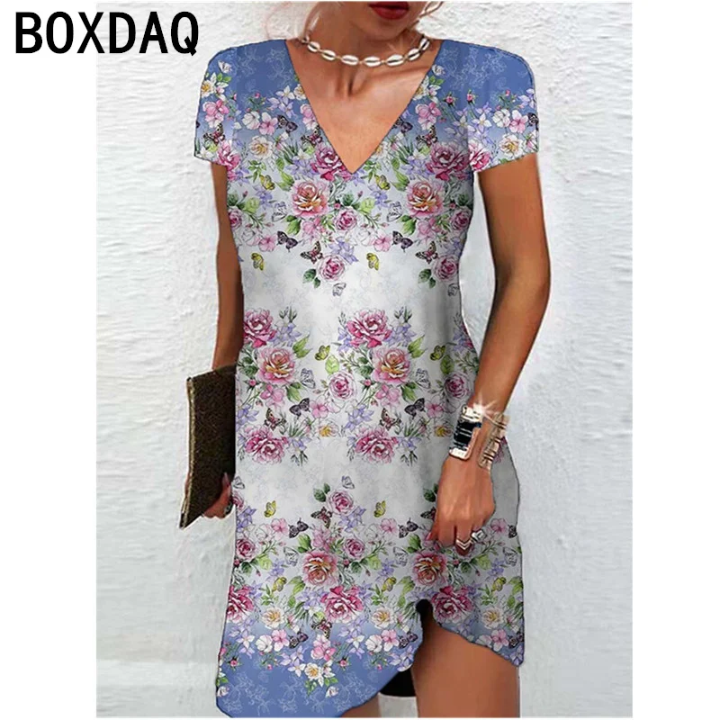 

Big Size Women Short Sleeve Casual Dress 3D Vintage Floral Printed A-Line Dresses 2024 Summer New Beach Dress Sundress