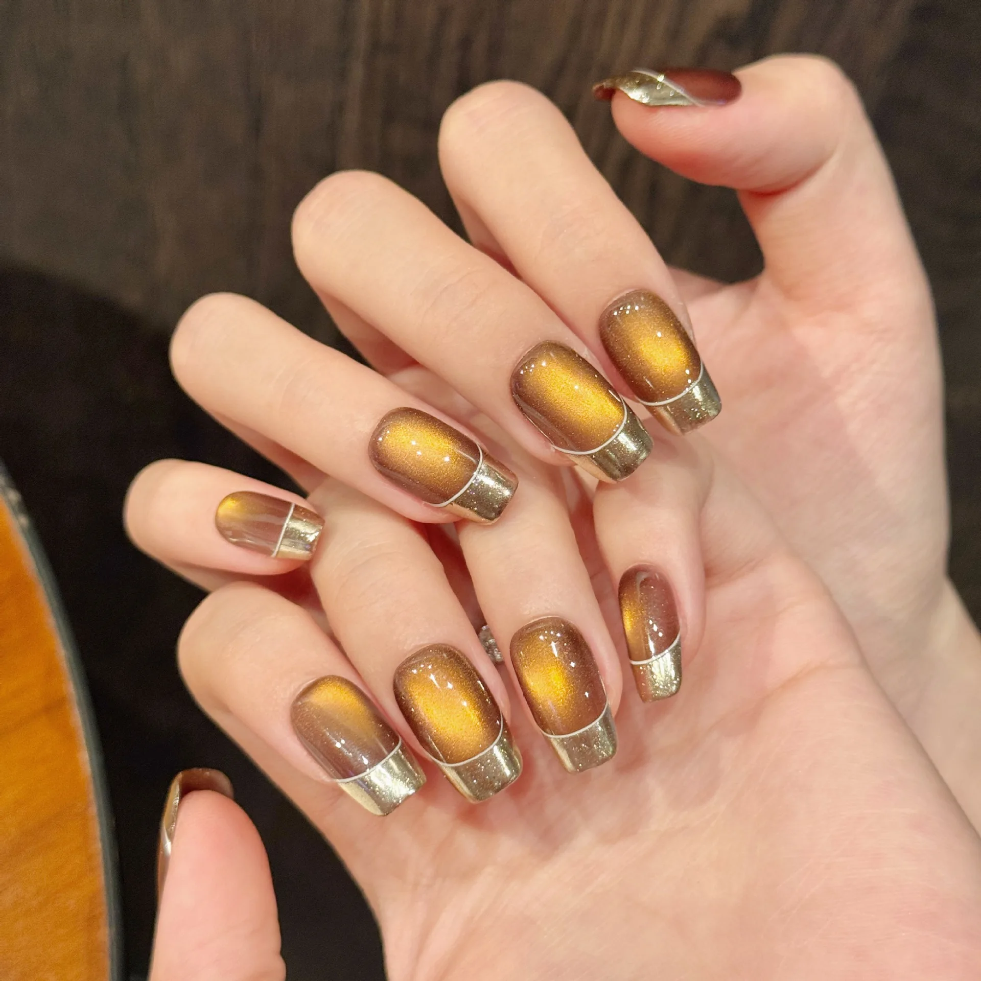 10 PCS Luxury Handmade Press on Nails Middle Square Caramel Cat's Eye Design with 3-PIECE Tool Adhesive Nail Glue Tabs