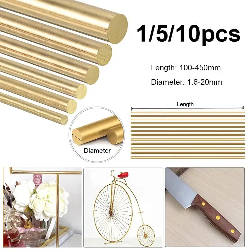1~10pcs length 100~500mm 1.6/3/4/5/6/8/9/10/12/16/20mm DIY Hardware Brass Round Bar Rod Circular Wire Tube Modelmaking Brass Rod