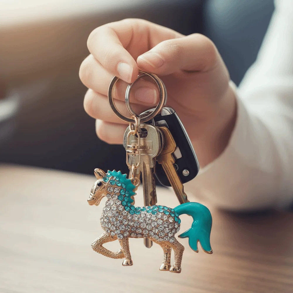 

Decorative Metal Horse KeyChain Sparkling Rhinestones Horse Mascot Animal Key Ring Colorful HandBag Pendant For Women Men