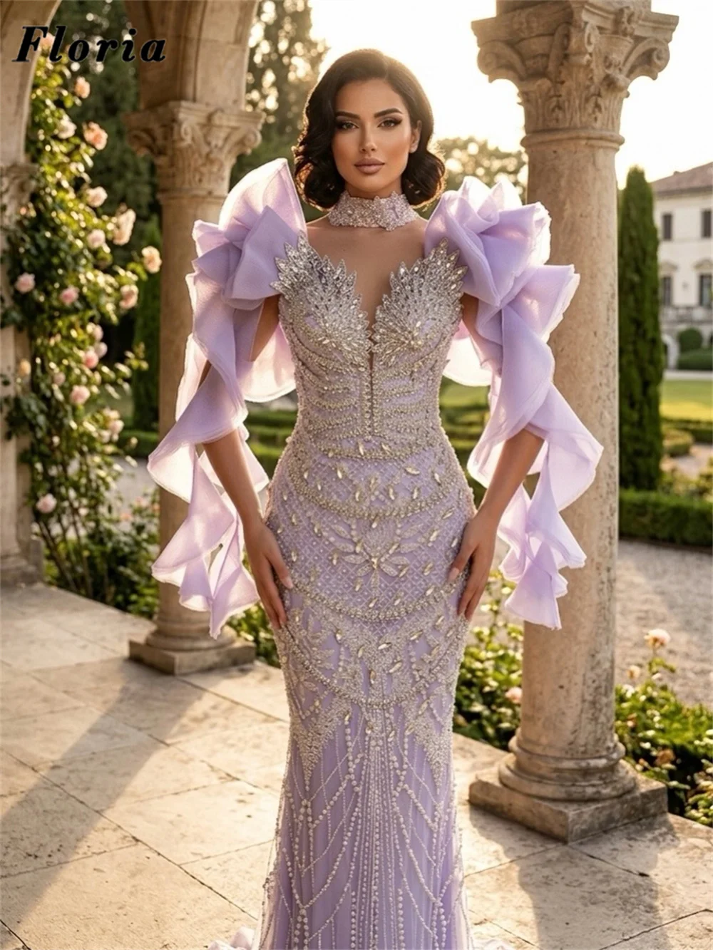 Coutures Full Beaded Celebrity Dresses Lilac Mermaid Women Evening Dress Customized Crystals Ruffles Sleeves Wedding Party Gowns