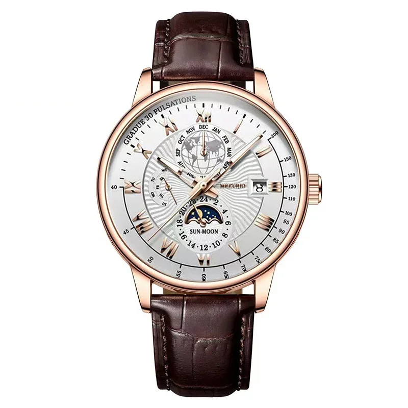 2024 Mens Watch Chronograph Moon Phase Pattern Luminous Top Luxury Sport Male Wristwatch Leather Men Quartz Watches Casual Clock